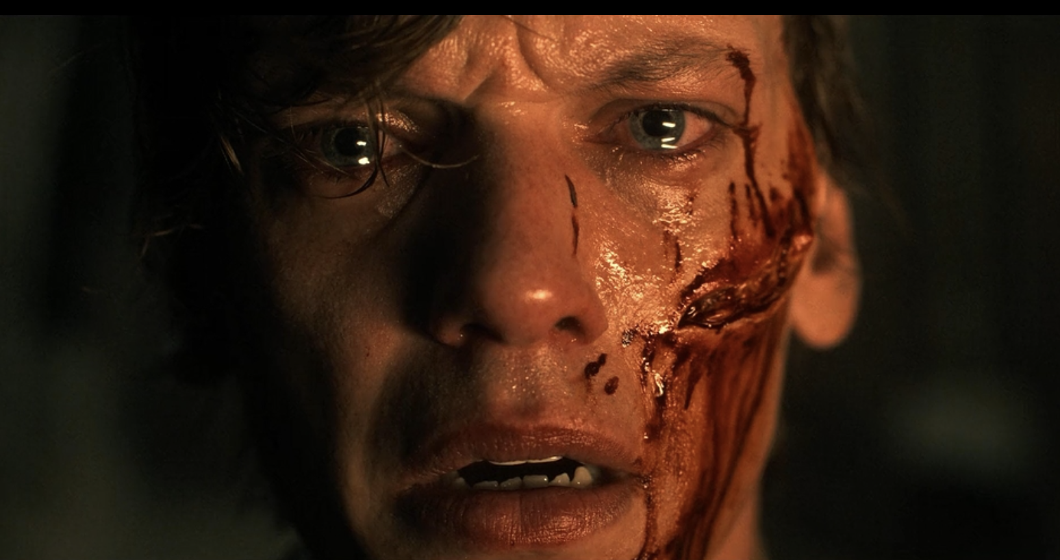 A man’s face, half-clothed in shadow, a wound running down his cheek